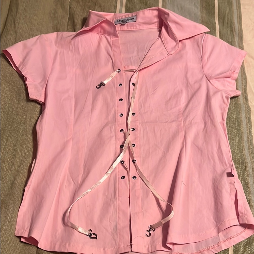 Dior Chic Pink Button Down Blouse with V-Neck and Short Sleeves